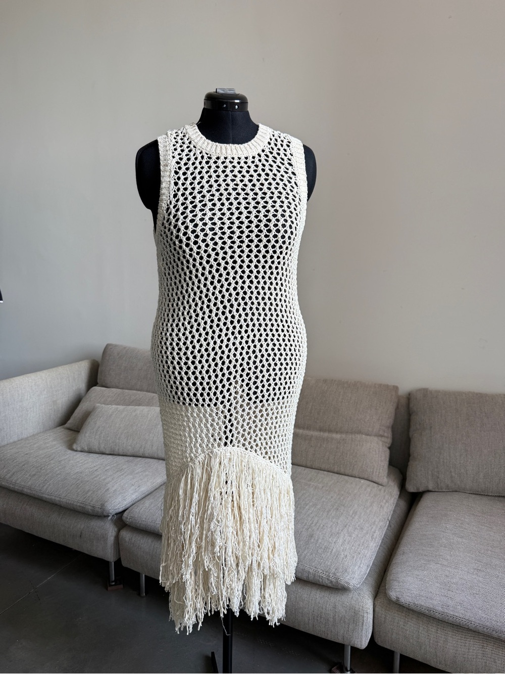 & Other Stories Cream Crochet Midi Dress with Fringe
